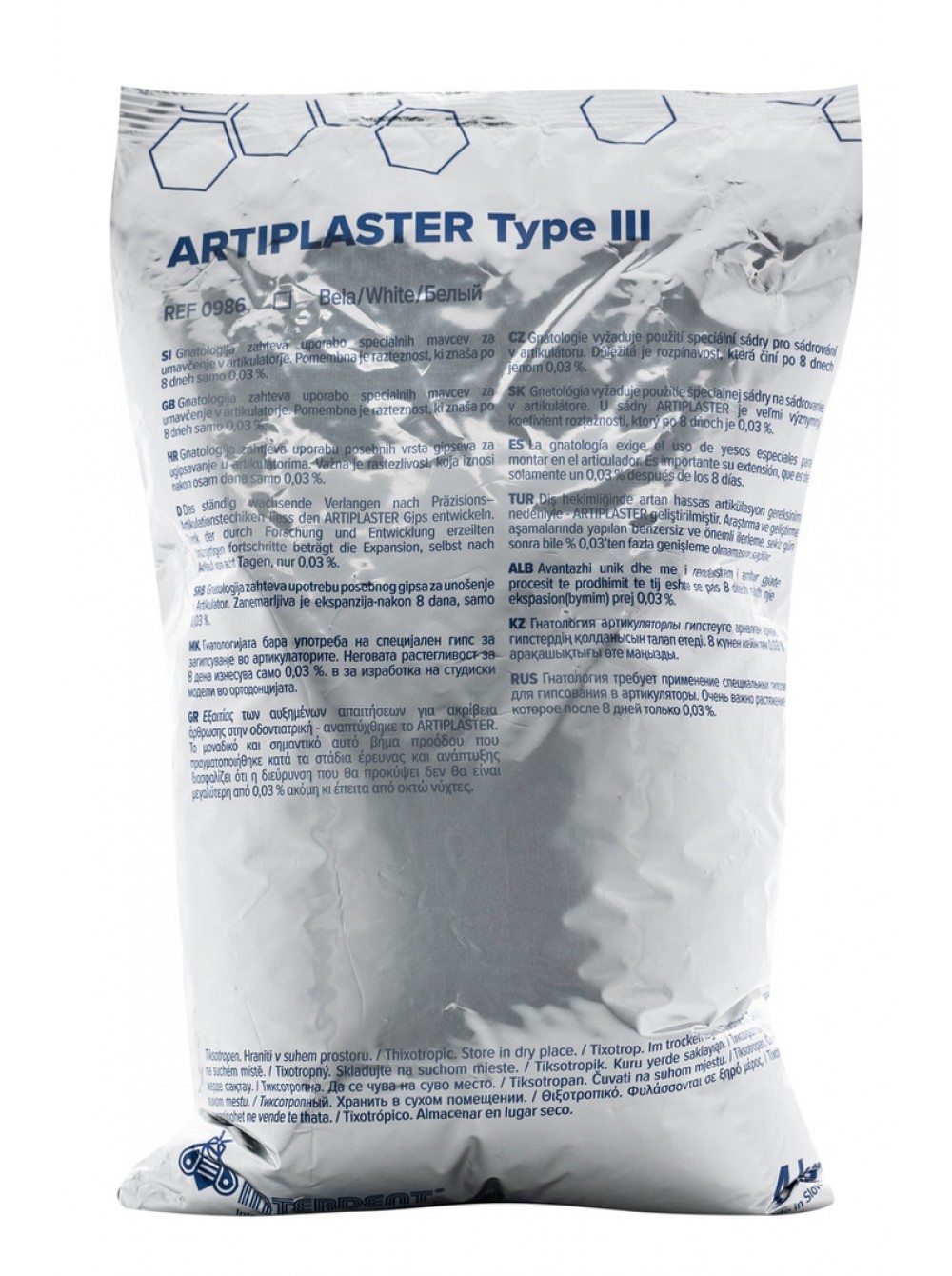 Гипс Artiplaster III класс, для фиксации моделей в артикуляторе, белый, пакет 4кг / Interdent
